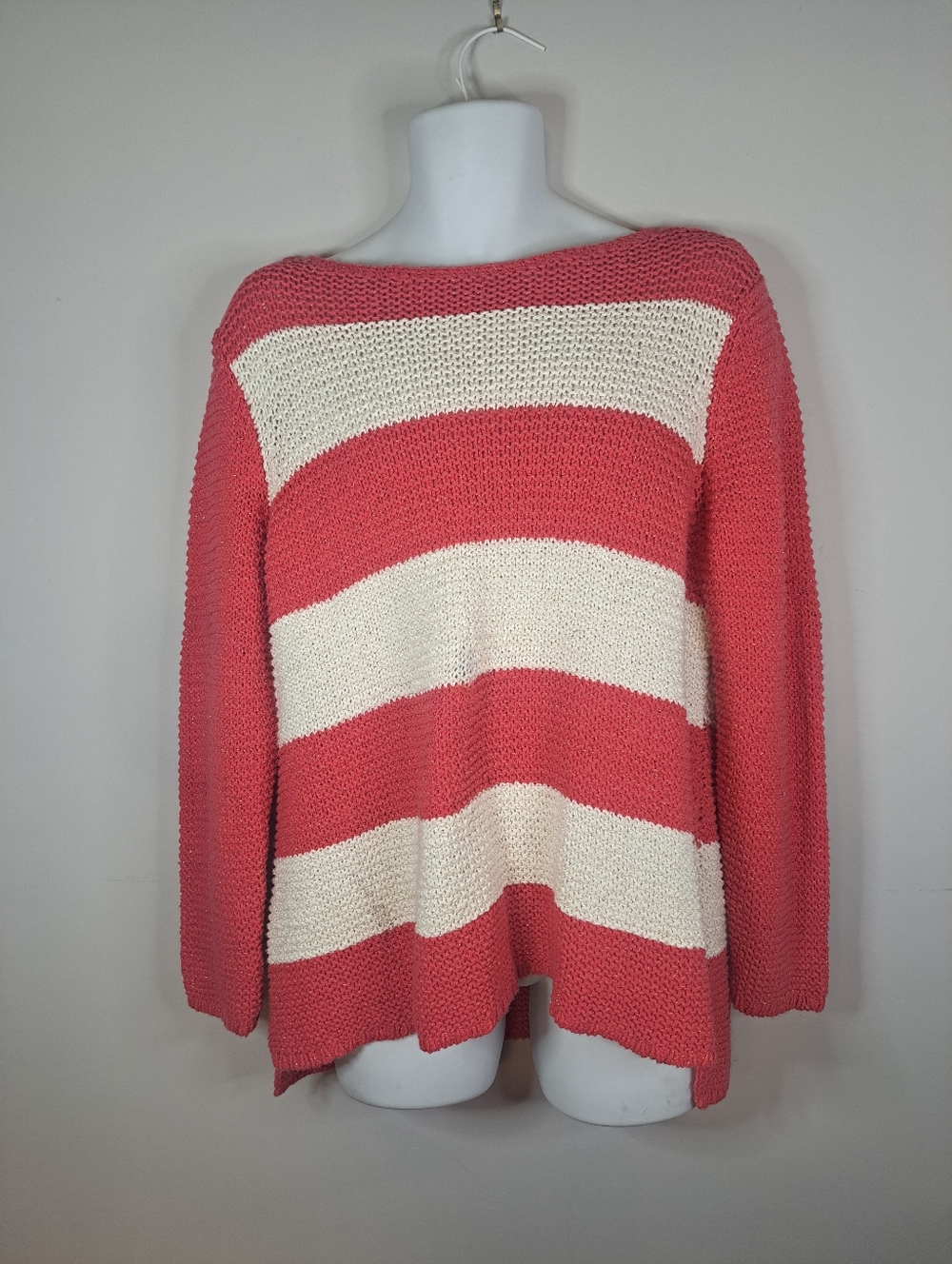 Chico's Coral Cream Striped Knit Sweater Gold Colored Thread Size 3 Equal To XL